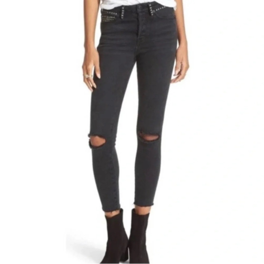 Free People Studded Payton Skinny High Rise Grunge Rocker Jeans Gray Women 27